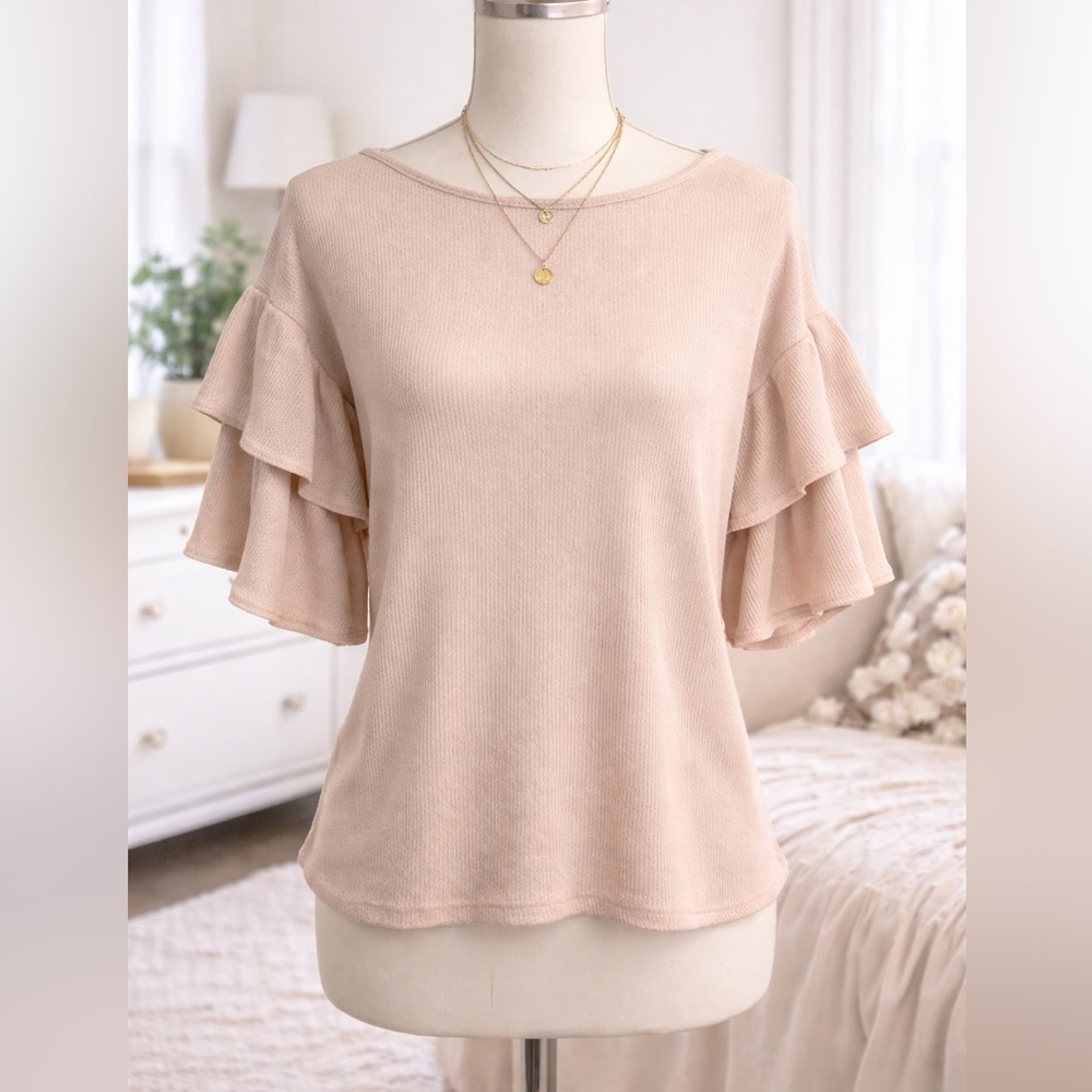 Julie Billiart Soft Knit Ruffle Sleeve Top | Neutral Short Sleeve Size XS